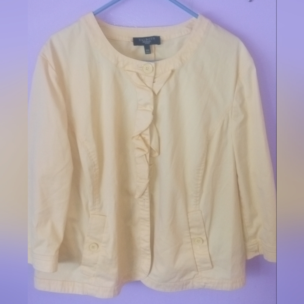 Talbots Plus Sz 20W, Women's Yellow W/ Ruffle Accent Button Denim Jacket